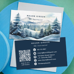 Carte De Visite Code QR de ski de forêt de montagne d'hiver aquare