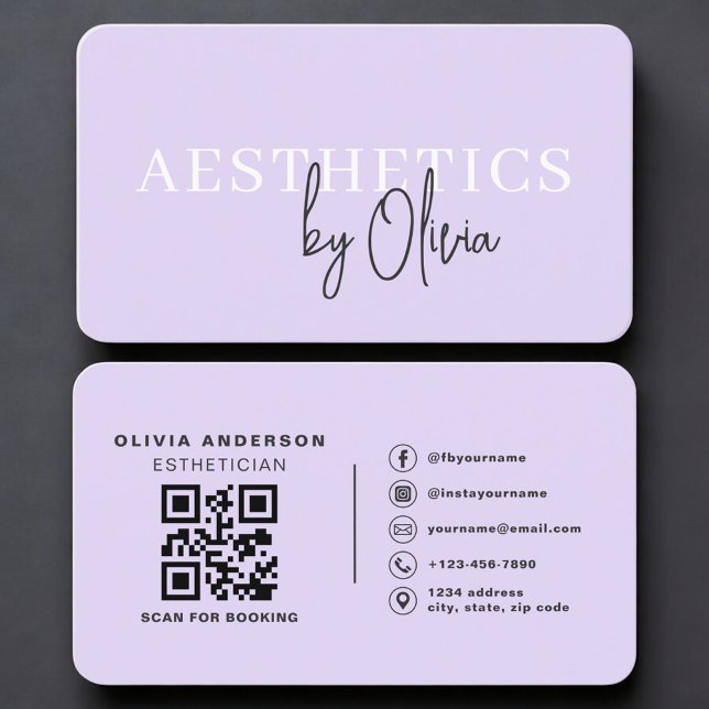 Carte De Visite Code QR de soins de beauté Esthéticienne Violet  (Créateur téléchargé)