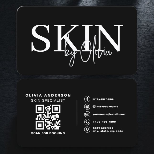 Carte De Visite Code QR de soins de la peau noir blanc (Créateur téléchargé)