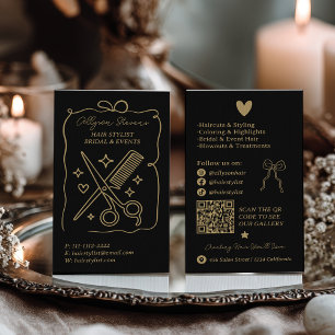 Carte De Visite Code QR de styliste de coiffure rétro Doodles or n