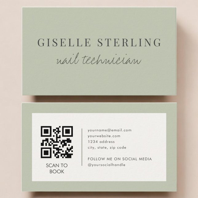 Carte De Visite Code QR de technicien en onglerie vert sauge (Créateur téléchargé)