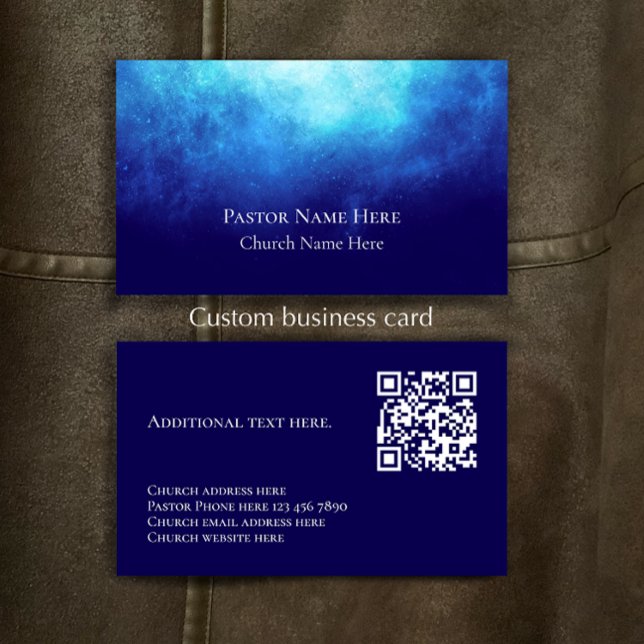 Carte De Visite Code QR de texte personnalisé bleu pour pasteur d' (Personalize this unique modern custom business card template. Blue nebula original design.)