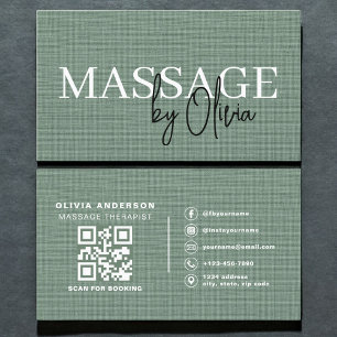 Carte De Visite Code QR de thérapeute de massage en lin vert sauge