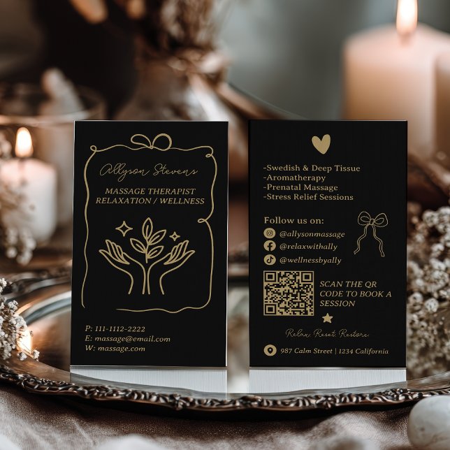 Carte De Visite Code QR de thérapeute de massage noir Doodles Retr (Retro Gold black Doodles Massage Therapist QR Code Business Card)