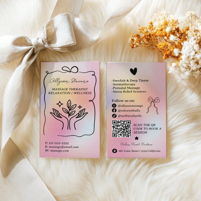 Carte De Visite Code QR de thérapeute en massage arc-en-ciel holog (Holographic rainbow Massage Therapist QR Code Business Card)