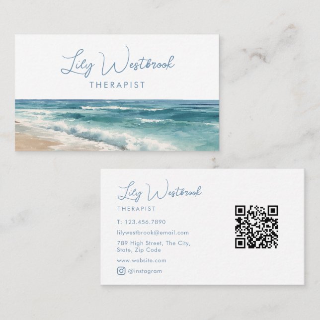 Carte De Visite Code QR de thérapeute psychologue plage aquarelle (Devant / Derrière)
