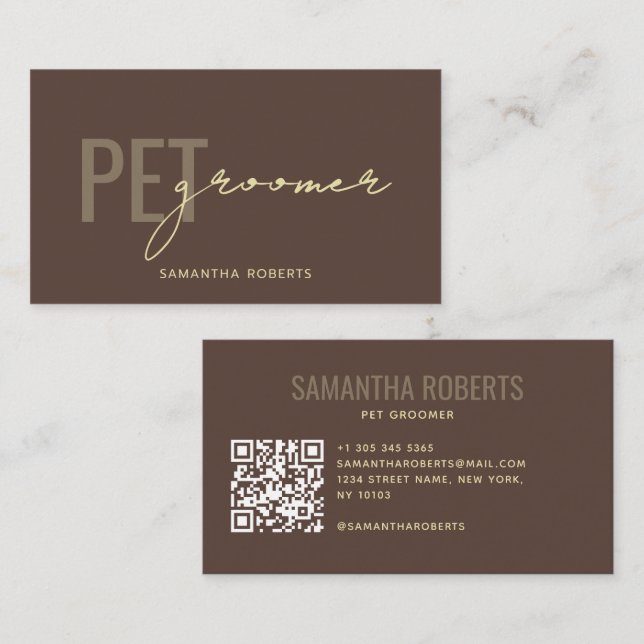 Carte De Visite Code QR de toiletteur pour animaux moderne marron (Devant / Derrière)