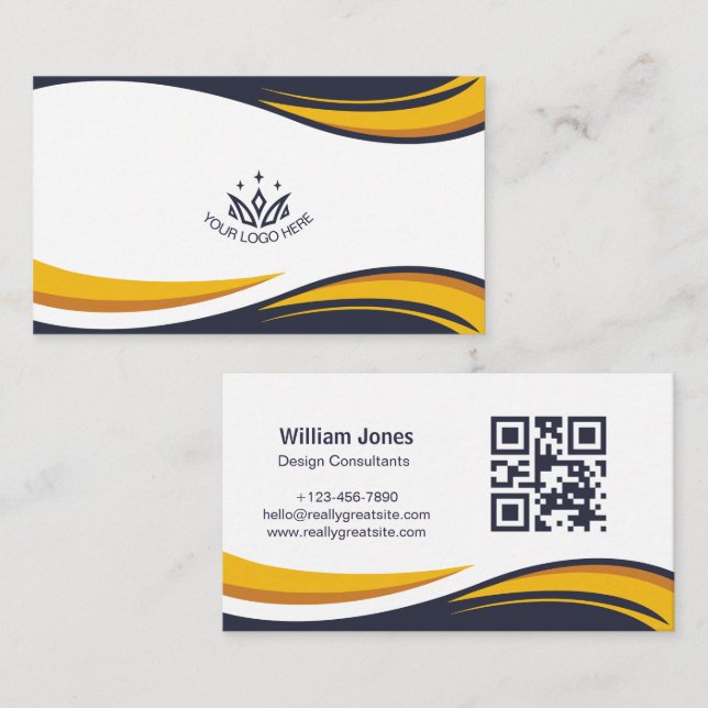 Carte De Visite Code QR de vagues d'entreprise élégant avec logo p (Devant / Derrière)