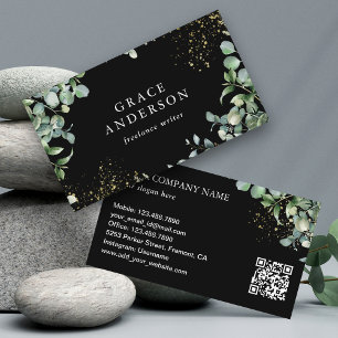 Carte De Visite Code QR de verdure rustique or bleu marine Eucalyp