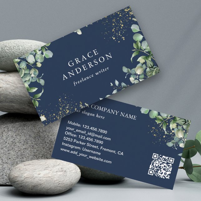 Carte De Visite Code QR de verdure rustique or bleu marine Eucalyp (Créateur téléchargé)