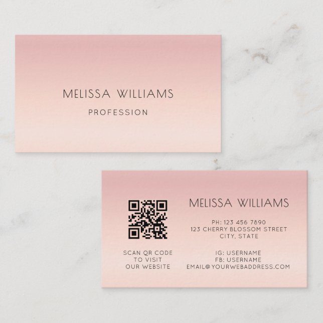 Carte De Visite Code QR | Dégradé Rose pâle (Devant / Derrière)