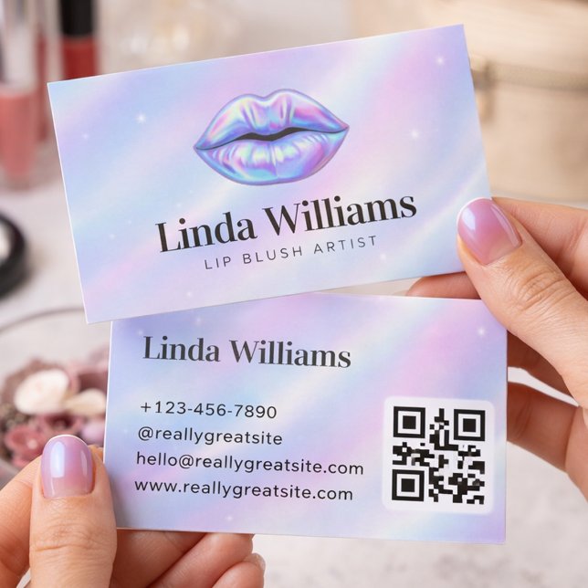 Carte De Visite Code QR d'entreprise d'artiste pour le lip blush h (Pastel holographic lip blush artist business card mockup)