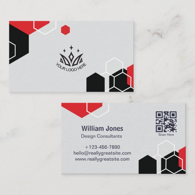 Carte De Visite Code QR d'entreprise géométrique hexagonale rouge  (Devant / Derrière)