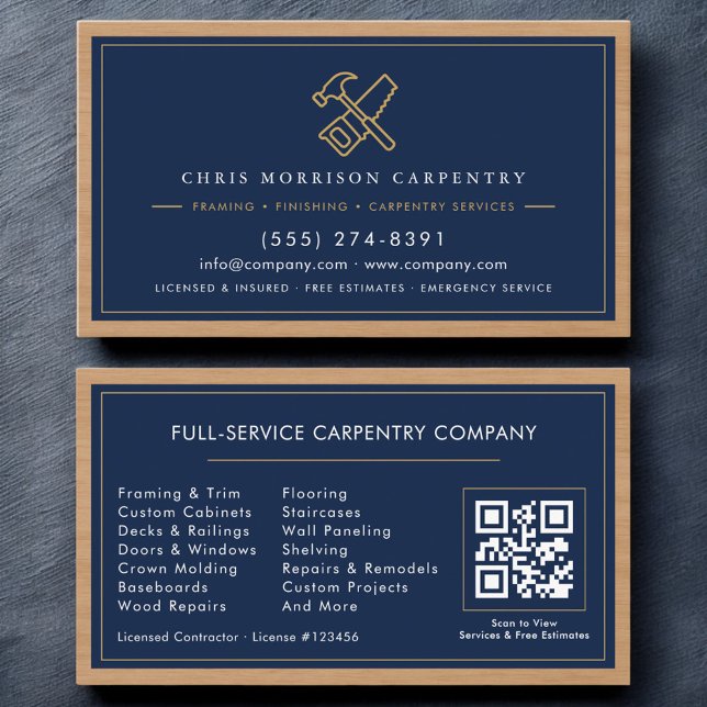 Carte De Visite Code QR des services de menuiserie professionnelle (Créateur téléchargé)