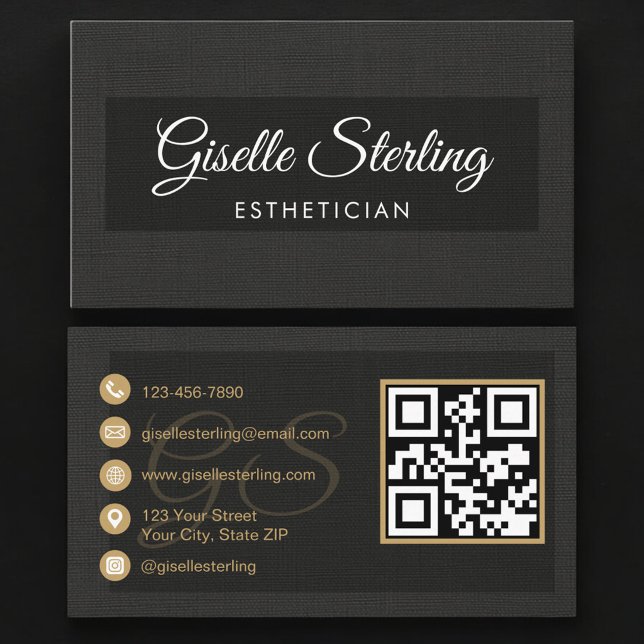 Carte De Visite Code QR d'esthéticienne Luxe Lin noir  (Créateur téléchargé)