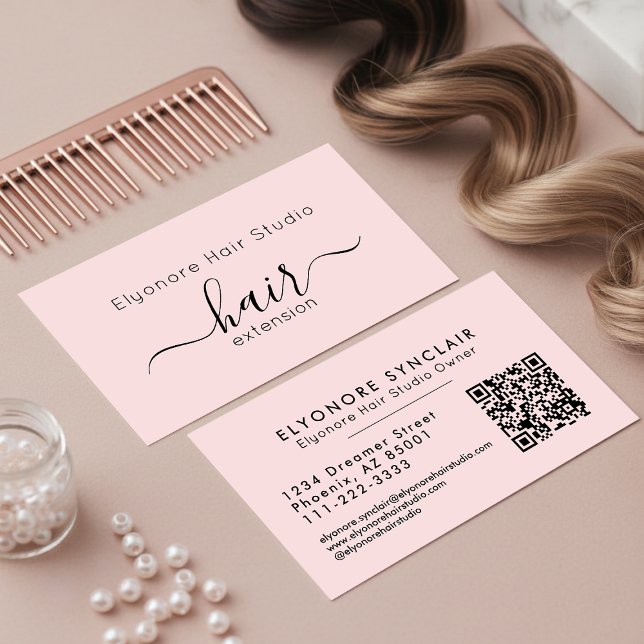 Carte De Visite Code QR d'extension de cheveux à l'écriture rose b (Créateur téléchargé)