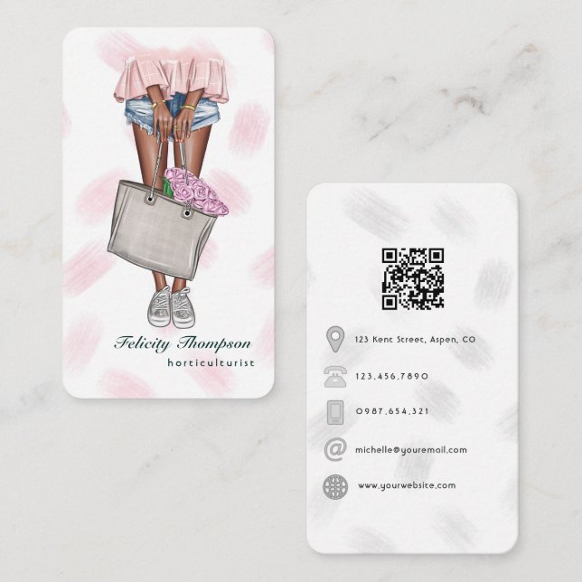 Carte De Visite Code QR d'horticultrice rose et bleu girly (Devant / Derrière)
