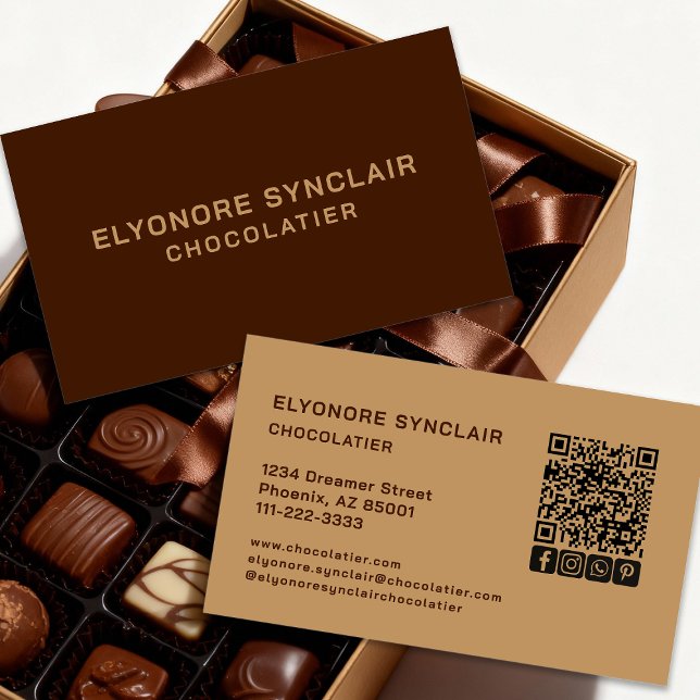 Carte De Visite Code QR d'icône sociale de Chocolatier Brun Élégan (Créateur téléchargé)