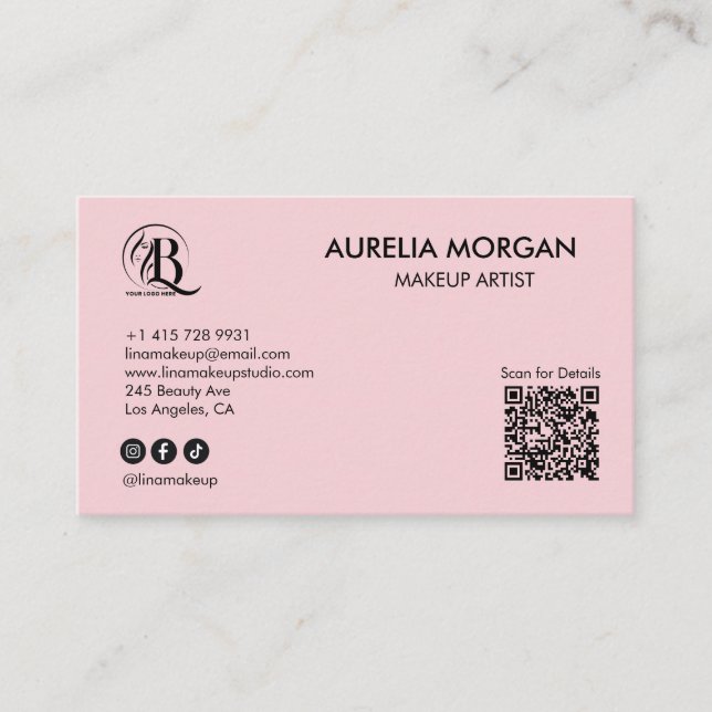 Carte De Visite Code QR d'icône sociale de script Rose Blush 3 Pho (Devant)