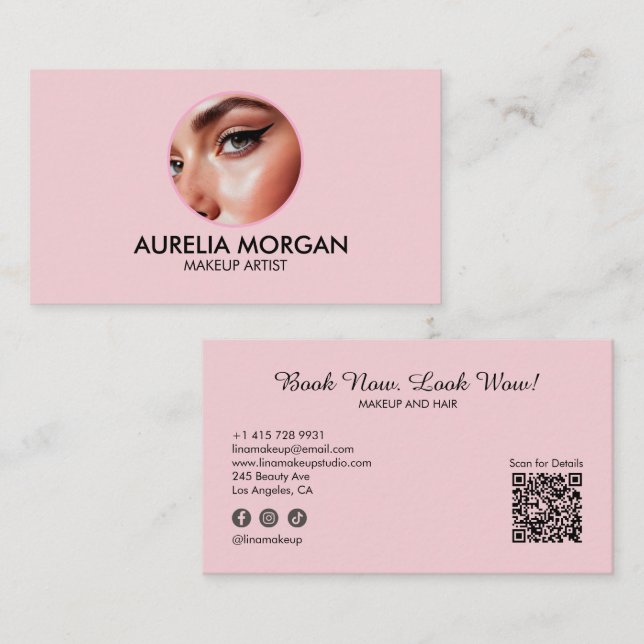 Carte De Visite Code QR d'icône sociale de script Rose Blush Photo (Devant / Derrière)