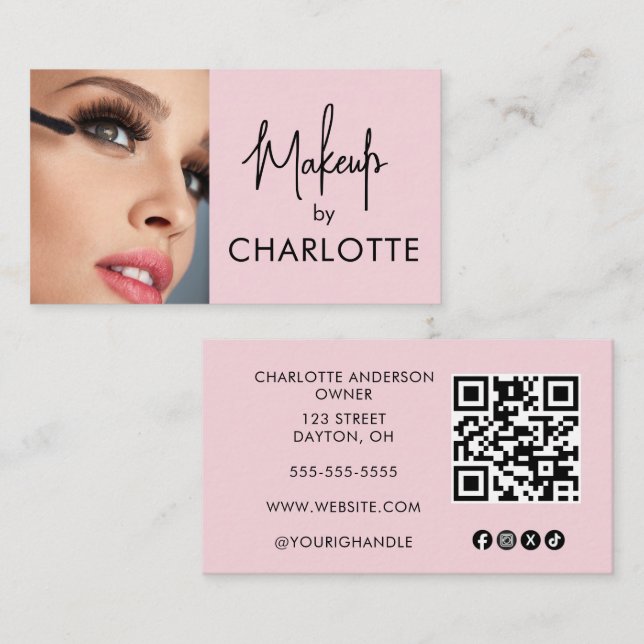 Carte De Visite Code QR d'icône sociale de script rose blush Photo (Devant / Derrière)