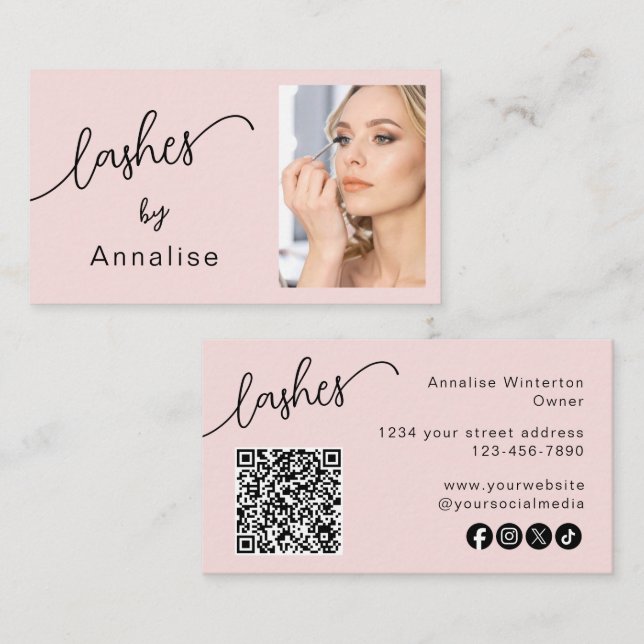 Carte De Visite Code QR d'icône sociale de script rose Blush Photo (Devant / Derrière)