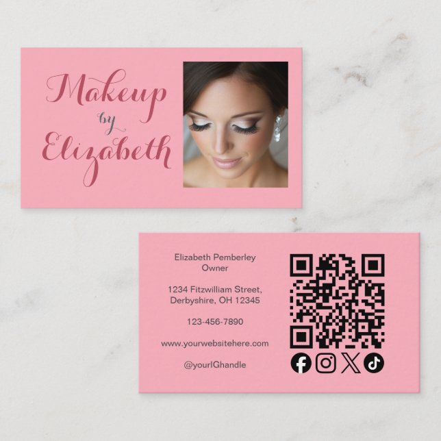 Carte De Visite Code QR d'icône sociale de script rose Blush Photo (Devant / Derrière)