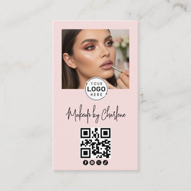 Carte De Visite Code QR d'icône sociale de script rose Blush Photo (Devant)