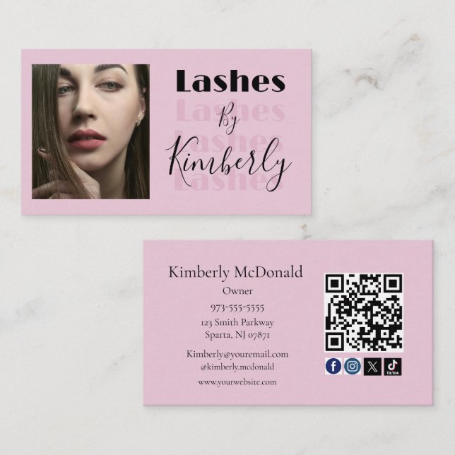Carte De Visite Code QR d'icône sociale de script rose blush Photo (Devant / Derrière)
