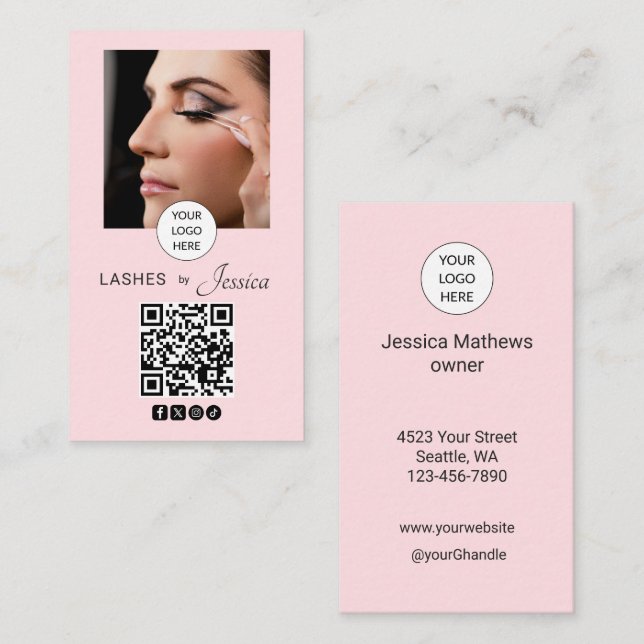 Carte De Visite Code QR d'icône sociale de script rose Blush Photo (Devant / Derrière)