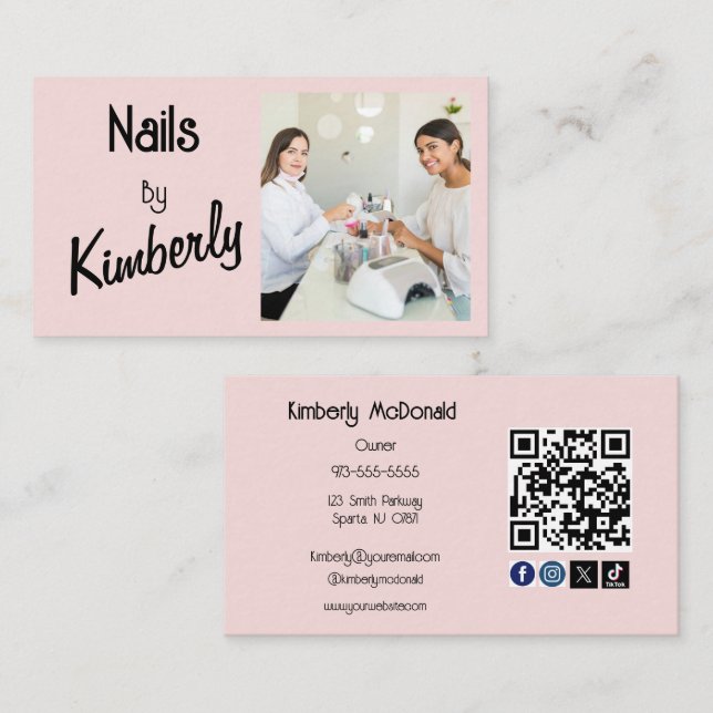 Carte De Visite Code QR d'icône sociale de script rose Blush Photo (Devant / Derrière)
