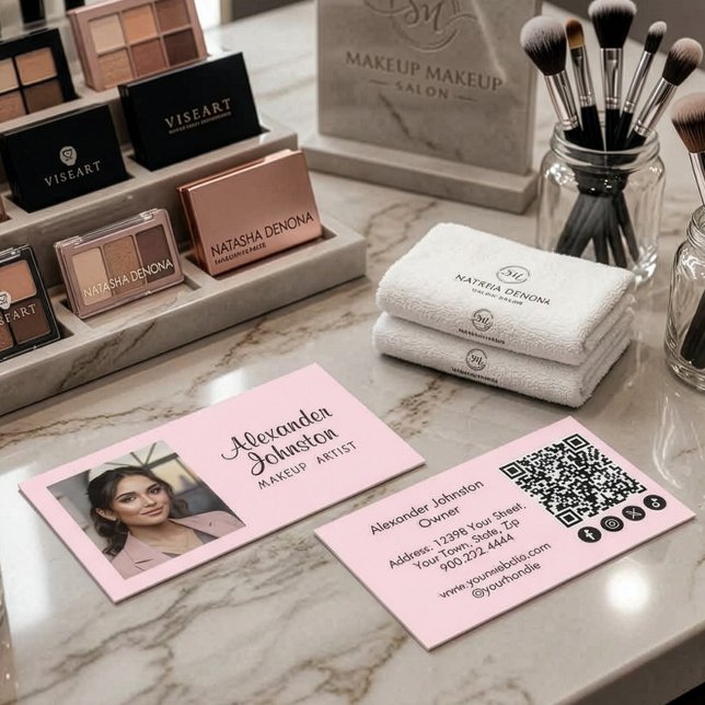 Carte De Visite Code QR d'icône sociale de script rose blush Photo (Pink Black Script Makup QR Photo Business Card)