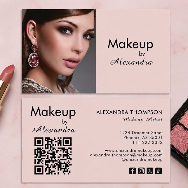 Carte De Visite Code QR d'icône sociale de script rose Blush Photo (Créateur téléchargé)