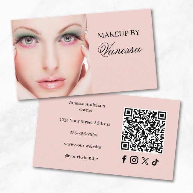 Carte De Visite Code QR d'icône sociale de script rose Blush Photo (Créateur téléchargé)