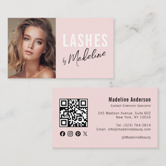 Carte De Visite Code QR d'icône sociale de script rose Blush Photo (Devant / Derrière)