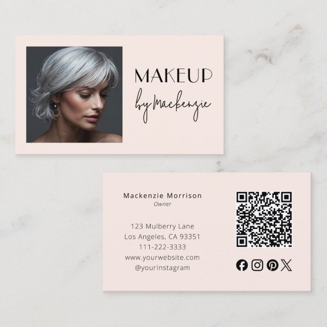 Carte De Visite Code QR d'icône sociale de script rose ému Maquill (Devant / Derrière)