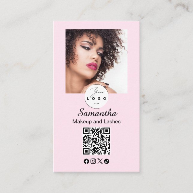 Carte De Visite Code QR d'icône sociale de script rose ému Maquill (Devant)