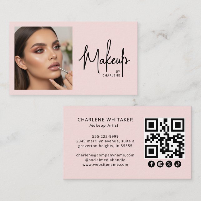 Carte De Visite Code QR d'icône sociale de script rose poudré Phot (Devant / Derrière)
