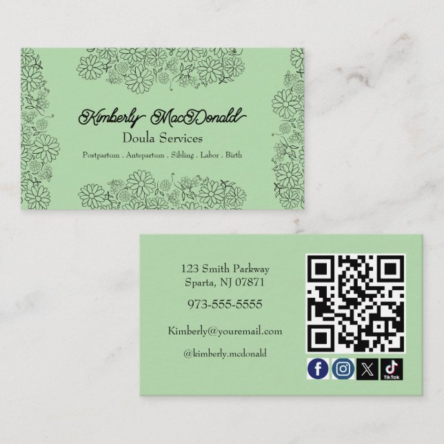 Carte De Visite code QR d'icône sociale des services de doula Vert (Devant / Derrière)