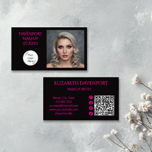 Carte De Visite Code QR d'icône sociale en noir gras et rose vif