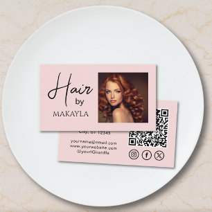 Carte De Visite Code QR d'icône sociale rose Blush Photo Coiffeur