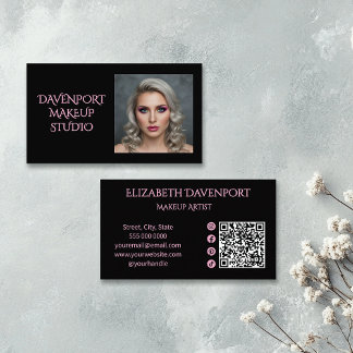 Carte De Visite Code QR d'icône sociale rose pâle et noir gras