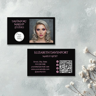 Carte De Visite Code QR d'icône sociale rose pâle et noir gras