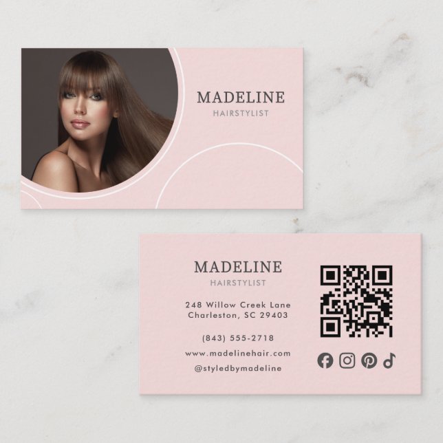Carte De Visite Code QR d'icône sociale rose pastel Photo Coiffeur (Devant / Derrière)