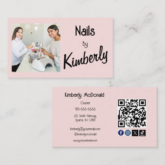 Carte De Visite Code QR d'icônes sociales de script rose Blush Pho (Devant / Derrière)