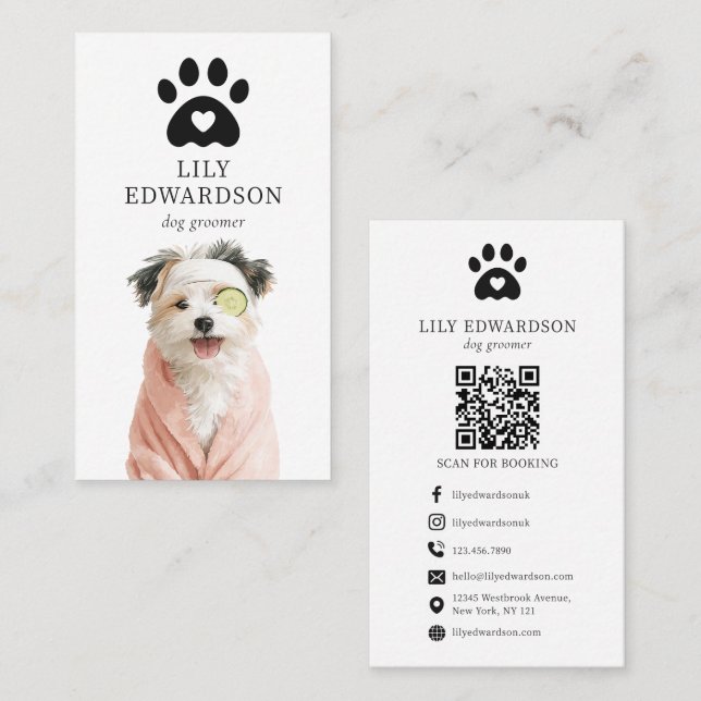 Carte De Visite Code QR d'illustration amusante d'un chien de toil (Devant / Derrière)