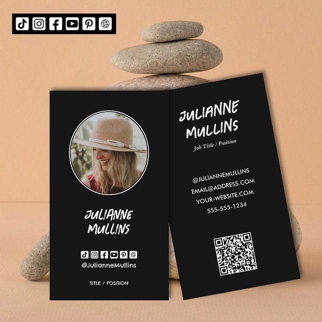 Carte De Visite Code QR d'influenceur sur les médias sociaux (Social media influencer, content creator photo business cards with QR Code and 6 media icons)