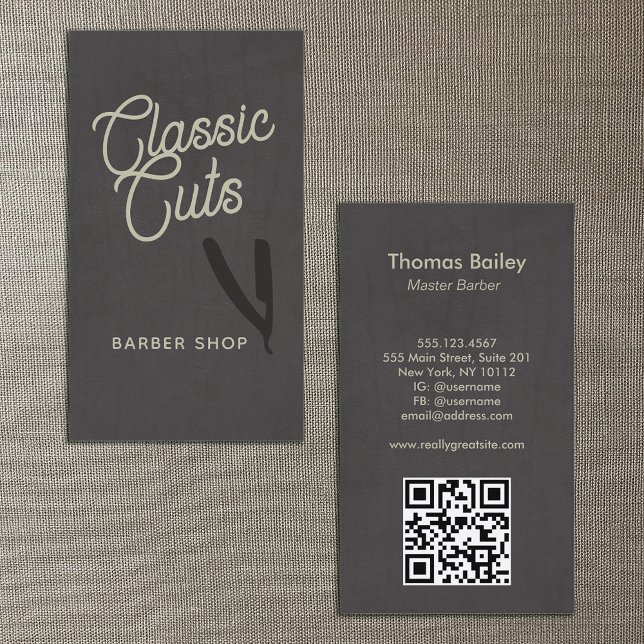 Carte De Visite Code QR du Barber Shop de script rétro (Créateur téléchargé)