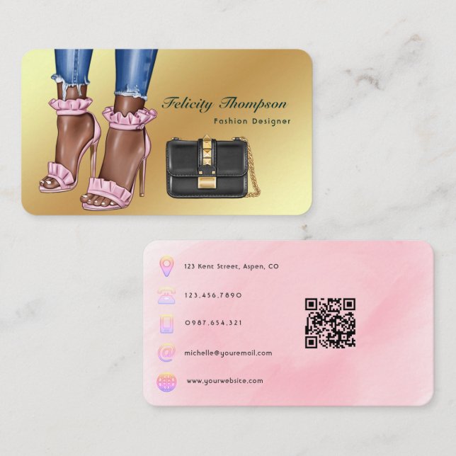 Carte De Visite Code QR du concepteur de mode rose et or (Devant / Derrière)