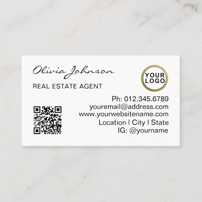 Carte De Visite Code QR du logo d'agent immobilier moderne blanc (Devant)